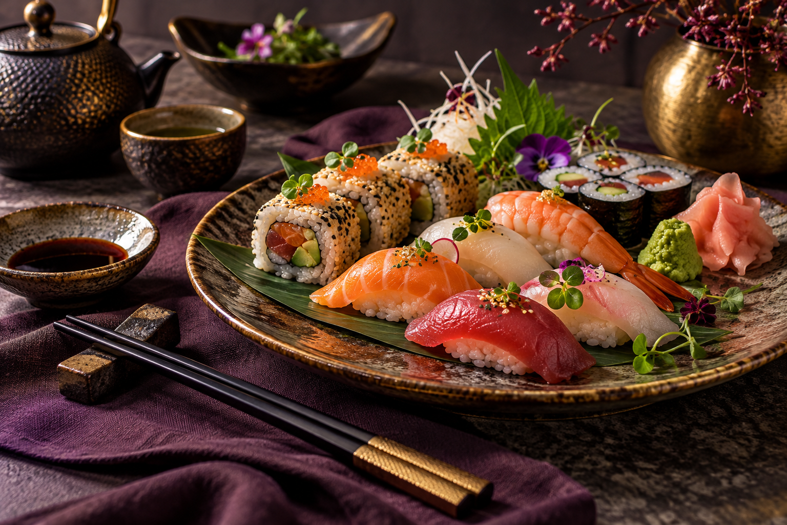 Hochwertiges Symbolbild mit Sushi auf einem dunklen Keramikteller